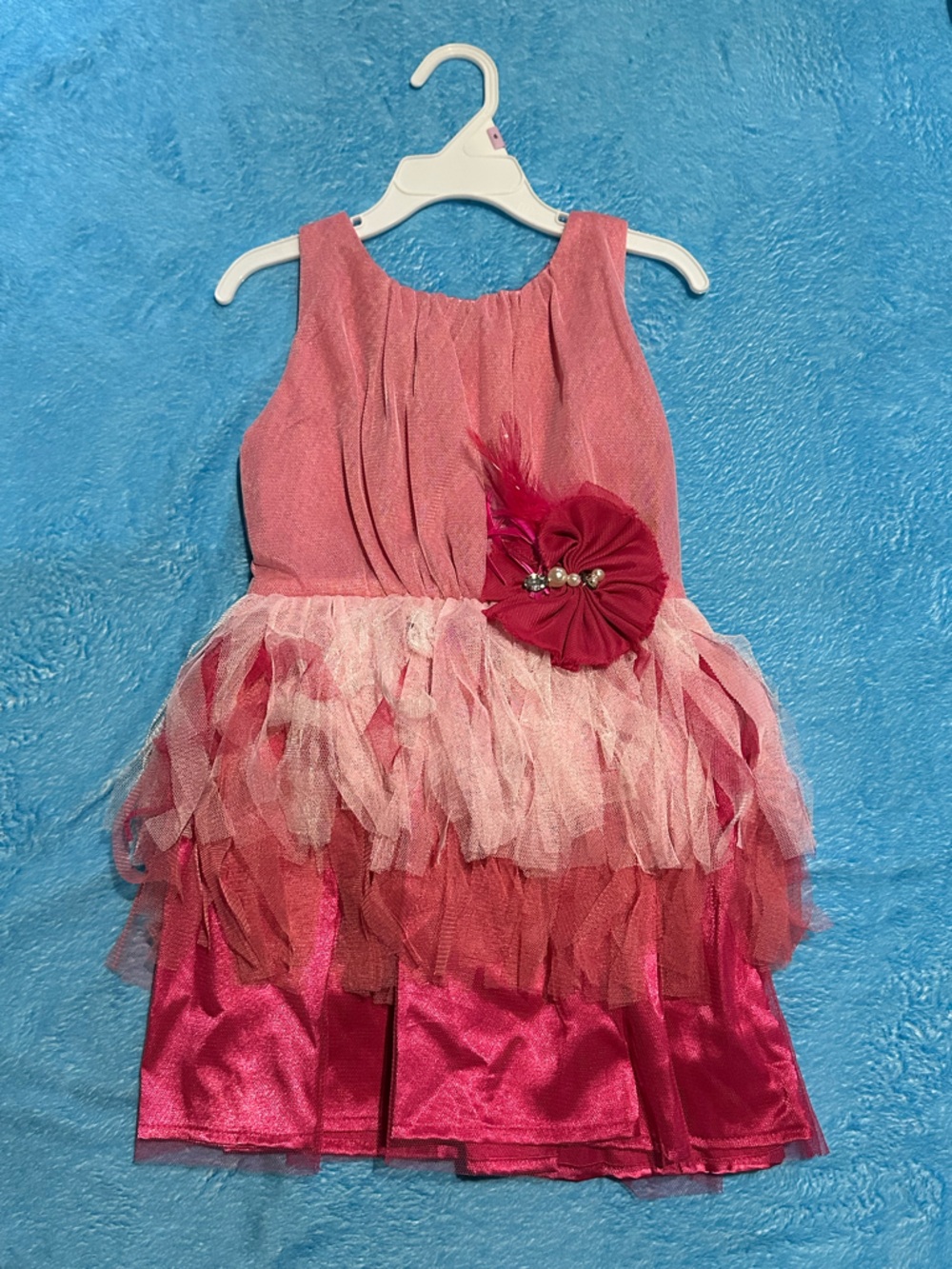 4T-Girls Pink Layered Tulle Party Dress with Flower Accent